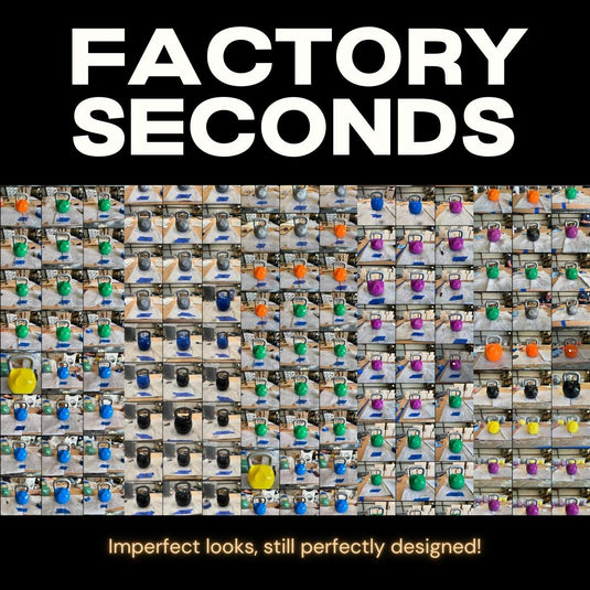 An overhead view of multiple colorful kettlebells arranged in rows with the text 'FACTORY SECONDS' and ' Imperfect looks, still perfectly designed!'.