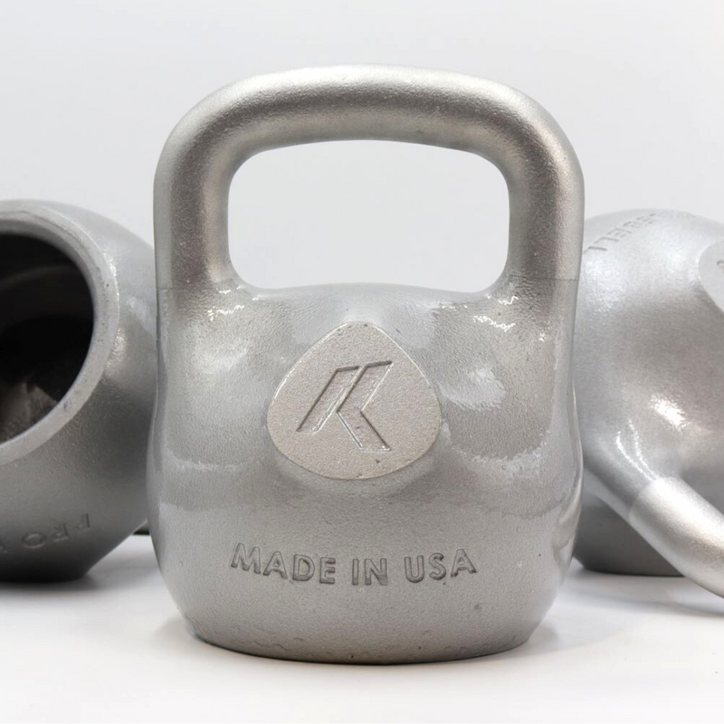 Load image into Gallery viewer, Silver kettlebell with 'Atlas' branding and 'Made in USA' text on a white background
