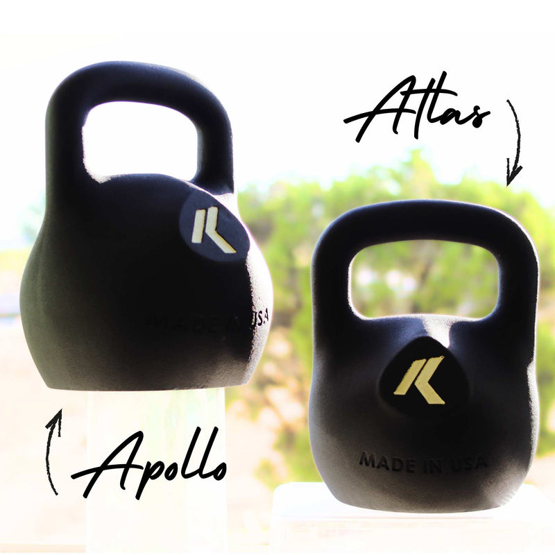 Load image into Gallery viewer, Two black kettlebells labeled 'Apollo' and 'Atlas' with a blurred outdoor background.