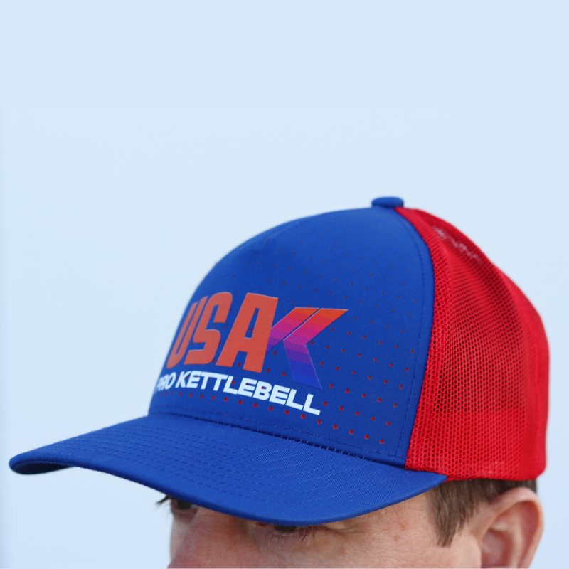 Load image into Gallery viewer, Pro Kettlebell USA - Red &amp; Blue Trucker Hat
