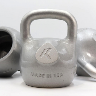 Load image into Gallery viewer, Silver kettlebell with 'Atlas' branding and 'Made in USA' text on a white background
