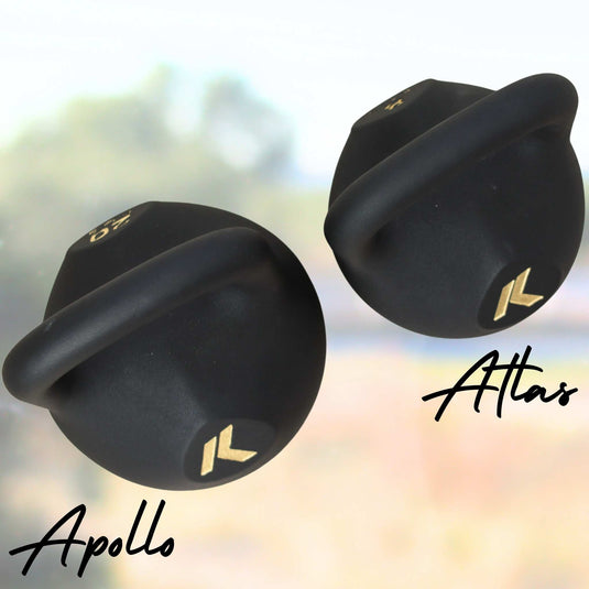 Black and gold kettlebells size comparison
